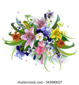 Bouquets of flowers, irises, anemones, daffodils, crocuses for design flyers, business cards, postcards, napkins, etc.
