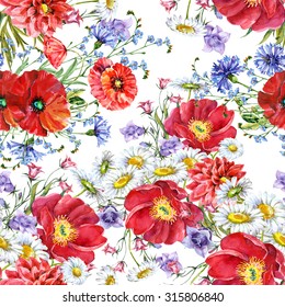 Bouquets meadow flowers, watercolor, pattern seamless