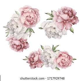 Bouquets with peonies, can be used as greeting card, invitation card for wedding, birthday and other holiday and  summer background. Watercolor illustration
