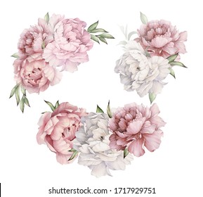 Bouquets with peonies, can be used as greeting card, invitation card for wedding, birthday and other holiday and  summer background. Watercolor illustration