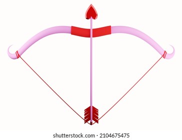 Bow with arrows. 3d render. Cupid's bow with love arrows. Heart patch. A piece of wood with iron tips. Valentine's day symbol. Illustration in cartoon style, isolate.