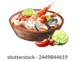 Bowl of Asian soup Tom Yum with seafood. Hand drawn watercolor illustration, isolated on white background