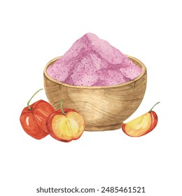 A bowl filled with pink acerola powder and fresh red Barbados cherries. Watercolor clipart of acerola berry superfood. Perfect for health product labels, recipe books, and wellness blogs - Powered by Shutterstock