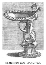 Bowl  formed by the lower jaw man and satyr head  Balthazar van den Bos  after Cornelis Floris (II)  1548 The bowl rests the tail fish that lies between the legs the man 
