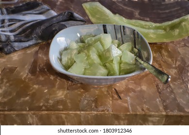 A Bowl Of Honeydew Melon Pieces As A Digital Watercolor Style Image.