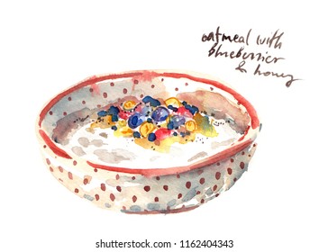 A Bowl Of Oatmeal Porridge Painted In Watercolor On Clean White Background