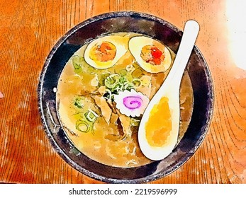 A Bowl Of Ramen In A Black Bowl On A Wooden Table. Noodle Soup With Egg And Spring Onion. Watercolor Illustration Background.