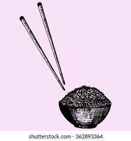 Bowl Of Rice And Chopstick, Chinese Food, Doodle Style, Sketch Illustration, Hand Drawn, Raster