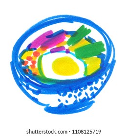 A bowl traditional Asian soup painted in highlighter felt tip pen clean white background