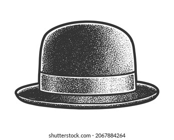 Bowler hat sketch engraving raster illustration. T-shirt apparel print design. Scratch board imitation. Black and white hand drawn image.
