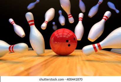 Bowling background with pins and ball. 3D