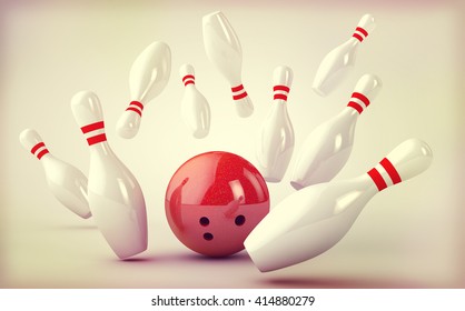 Bowling background: Skittles and bowling ball in retro style. 3D