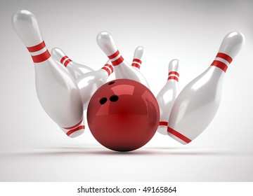 Bowling ball crashing into the pins - 3d render illustration