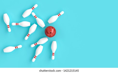 bowling ball hits all the skittles, 3d render image, blue background.flat lay style.