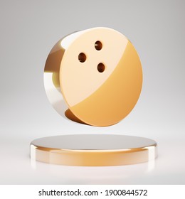Bowling Ball icon. Yellow Gold Bowling Ball symbol on golden podium. 3D rendered Social Media Icon.