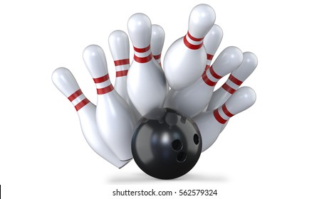 Bowling ball knocks pin of skittles and makes perfect strike. 3D render, isolated on white background. 