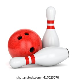 Bowling Ball With Marble Texture And Pair Of Pins With Red Stripes Isolated On White Background. 3D Illustration