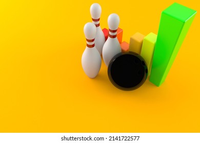 Bowling Ball And Pins With Chart Isolated On Orange Background. 3d Illustration