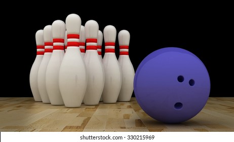 Bowling ball with pins on wooden floor