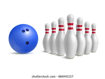 Bowling ball and skittles. Sport equipment for game. Hobby and recreation. Blue bowl and bowling pins.  illustration isolated on white background.