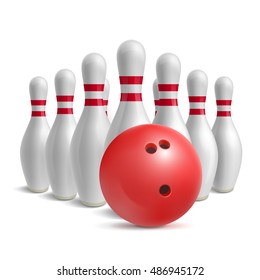 Bowling Ball And Skittles. Sport Equipment For Game. Hobby And Recreation. Red Bowl And Bowling Pins.  Illustration Isolated On White Background.