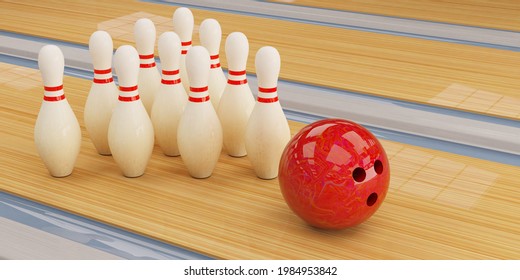 Bowling Ball And Skittles Stand On The Bowling Track. 3D Visualization