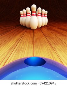Bowling game illustration and strike concept, rolling blue ball and white skittles on wooden bowling lane