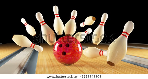 A Red Bowling Ball Rolling Down A Bowling Alley Ready To Crash