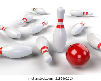 Bowling Pins After Being Hit By A Red Ball. One Remains Standing. 3D Illustration.