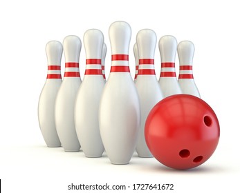 Bowling Pins And Ball 3D Render Illustration Isolated On White Background