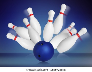 Bowling Pins And Ball On Blue Background. 3D