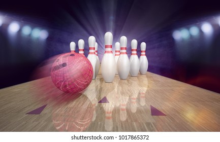 Bowling pins on pindeck with red bowling ball. 3d illustration. 