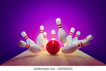 Bowling strike - ball hitting pins in the alley 3d render