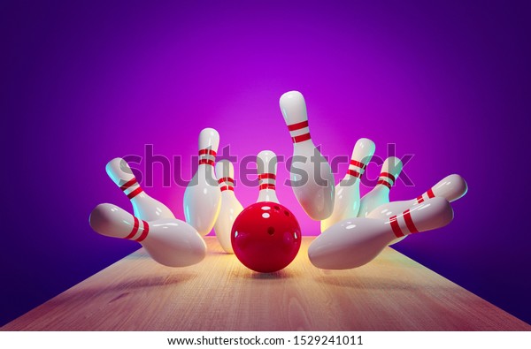 Bowling\
strike - ball hitting pins in the alley 3d\
render