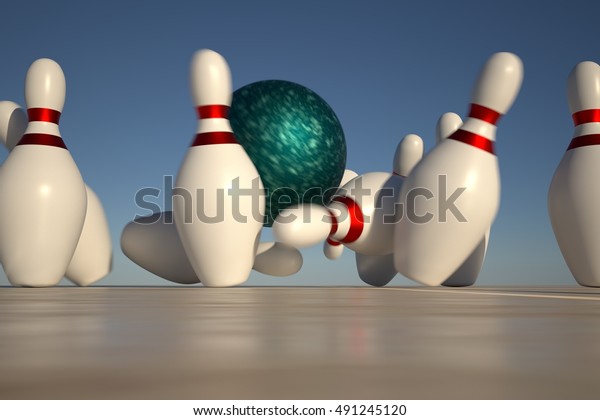 Bowling Strike Ball Hitting Pins Ultra Stock Illustration 491245120