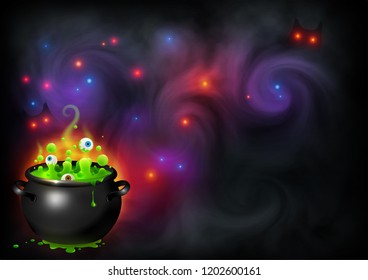 Bowling witch's brew with eyes on magic fog backdrop. halloween banner background.