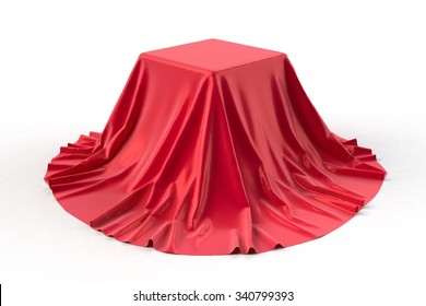 Box Covered With Red Fabric. Isolated On White Background. Surprise, Award, Prize, Presentation Concept. Showroom Stand. Reveal A Hidden Object. Raise The Curtain. Photo Realistic Illustration.