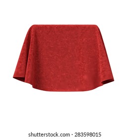 Box Covered With Red Velvet Fabric. Isolated On White Background. Surprise, Award, Prize, Presentation Concept. Showroom Stand. Reveal A Hidden Object. Raise The Curtain. Photo Realistic Illustration.