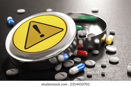 Box of different pills and tablets with warning sign. Drug interactions and risks or adverse effects concept. 3D render