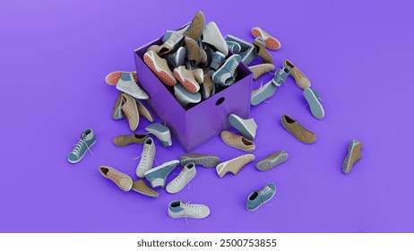 A box full of different sneakers with some gift bags, a background mauve color