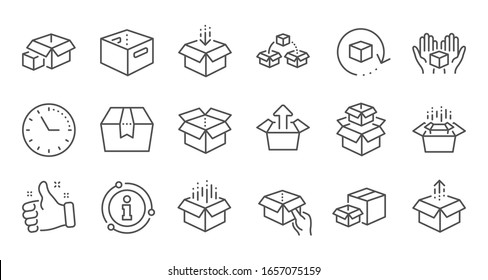 Box line icons. Package, delivery boxes, cargo box. Cargo distribution, export boxes, return parcel icons. Shipment of goods, open package. Linear set. Quality line set.