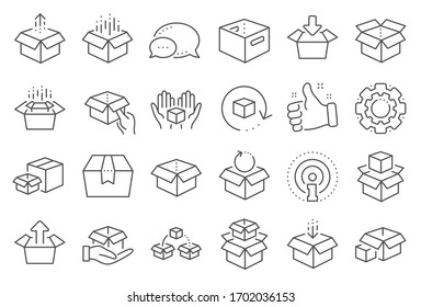 Box Line Icons. Package, Delivery Boxes, Cargo Box. Cargo Distribution, Export Boxes, Return Parcel Icons. Shipment Of Goods, Purchase Container, Open Package. Logistics Goods. Line Signs Set.