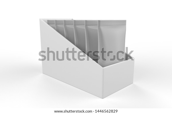 Download Box Metallic Sachets Mockup On White Stock Illustration 1446562829