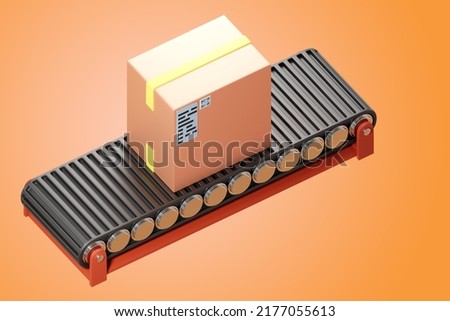 Box on conveyor. Metaphor for processing courier order. Cardboard parcel rides on conveyor. Parcel from delivery service on orange. Automation of fulfillment processes. 3d rendering.