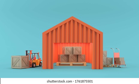 The box is in the orange warehouse, surrounded by a forklift on a blue background.-3d rendering. - Powered by Shutterstock