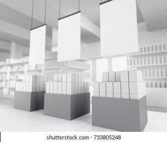 Box Product Display In Supermarket. 3D Rendering