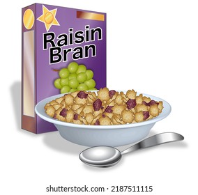 A Box Of Raisin Bran Cereal Plus A Bowl Of Raisin Bran With Spoon In Front