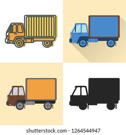 Box Truck Icon Set In Flat And Line Styles. Cube Van Vehicle Illustration. Transportation Symbol Isolated On White.