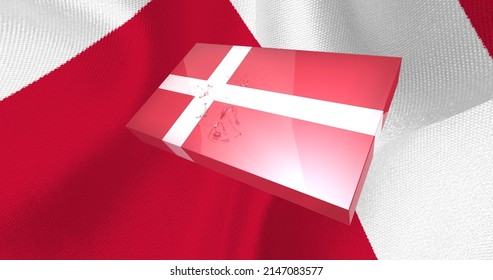 Box wrapped with the flag of Denmark. The background flutters in the colors of the Danish flag. 4K resolution.3D rendering,3d illustration.