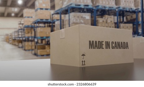 Boxes with MADE IN CANADA text on conveyor. 3d illustration.